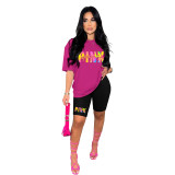 Fashion Contrast Sport Round Neck Print Short Sleeve Women's Two-Piece T-Shirt Shorts Set