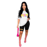 Fashion Contrast Sport Round Neck Print Short Sleeve Women's Two-Piece T-Shirt Shorts Set