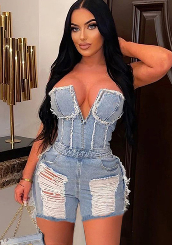 Summer Sexy Cutout Ripped Zipper Short Strapless Denim Jumpsuit Women