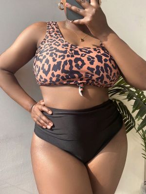 Plus Size High Waist Leopard Sexy Two Pieces Bikini Swimsuit