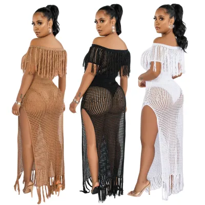 Women Sexy Off Shoulder Top And Slit Beach Dress Two-Piece Set