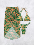 Women Leaf Print Sexy Three-Piece Swimsuit