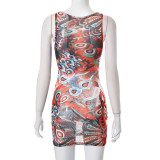 Women Summer Sexy See-Through Mesh Print Sleeveless Dress