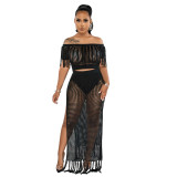 Women Sexy Off Shoulder Top And Slit Beach Dress Two-Piece Set