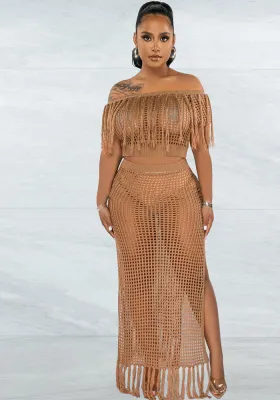 Women Sexy Off Shoulder Top And Slit Beach Dress Two-Piece Set