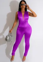 Women's Jumpsuit Sexy Deep V High Waist Solid Color Chic Pleated Slim Bodysuit