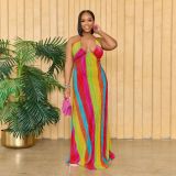 Plus Size Women's Fashion Multi-Color Print Sexy Halter Neck Lace-Up Loose Casual Pleated Dress