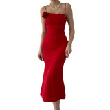 Sling flower slim red dress summer French high-end long dress