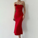 Sling flower slim red dress summer French high-end long dress