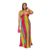 Plus Size Women's Fashion Multi-Color Print Sexy Halter Neck Lace-Up Loose Casual Pleated Dress