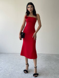 Sling flower slim red dress summer French high-end long dress