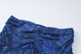 Women's Summer Denim Print Pattern Sexy V Neck Camisole Skirt Two-Piece Set