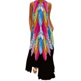 Women's Digital Printing Sexy V-Neck Sleeveless Pocket Swing Long Dress