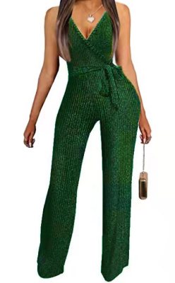 Fashion Casual Women's Silver Silk Three-piece V-neck Sleeveless Wide Leg Slim Jumpsuit