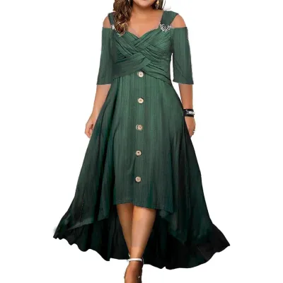 Summer women's solid color short-sleeved suspenders swing dress