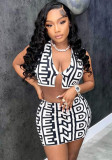 Women's Summer Black And White Contrast Letter Print Sleeveless Tank Top Bodycon Skirt Two-Piece Set