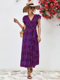 V-Neck Slit Print Casual Long Dress