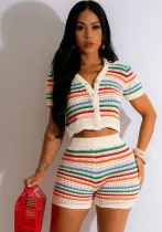 Summer Women's Sexy Knitting Contrast Color Short-Sleeved Casual Suit Two-Piece Shorts Set