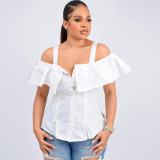 Women's Spring Summer Shirt Button Up Slim Waist Off Shoulder Ruffled Strap Adjuster Top