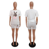 Ladies Fashion Printed Casual Two Piece T-Shirt Shorts Set
