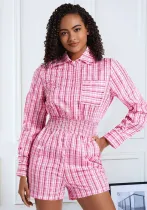 Women's Stripe Pocket Turndown Collar Zipper Long Sleeve Short Jumpsuit