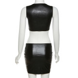 Summer Women's Sexy Pu Faux Leather Sleeveless Vest High Waist Tight Fitting Irregular Skirt Two Piece Set