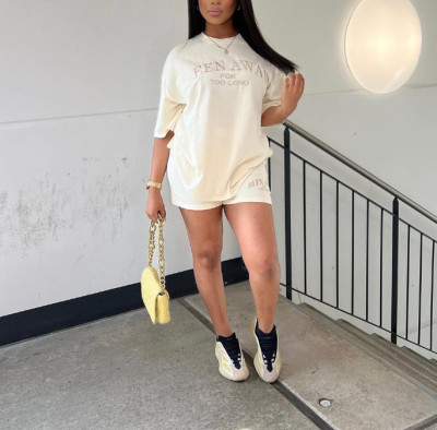 Casual Tracksuit Summer Loose Embroidered Letter Short Sleeve T-Shirt Shorts Two-Piece Set