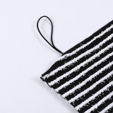 Summer Sexy Black And White Striped Cropped Camisole Top High Waist Fashion Skirt Casual Two Piece Set