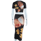 Digital Print Round Neck Top Maxi Skirt Two-Piece Set