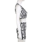 Women's Summer Black And White Contrast Letter Print Sleeveless Tank Top Bodycon Skirt Two-Piece Set