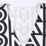 Women's Summer Black And White Contrast Letter Print Sleeveless Tank Top Bodycon Skirt Two-Piece Set