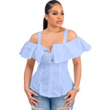 Women's Spring Summer Shirt Button Up Slim Waist Off Shoulder Ruffled Strap Adjuster Top