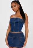 Sexy Strapless Stretch Denim Two Piece Skirt Set