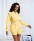 Women's Stripe Pocket Turndown Collar Zipper Long Sleeve Short Jumpsuit