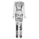 Women V-neck long-sleeved mesh print top and trousers two-piece set