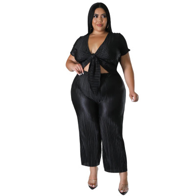 Plus Size Women Stretch Lace-Up Top and Pleated Wide-Leg Pants Two-Piece Set