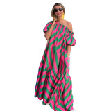 Sexy Loose Off Shoulder Plus Size Pocket Print Maxi Dress