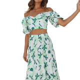 Spring Women's Clothing Floral Square Neck Top High Waist Skirt Fashion Suit