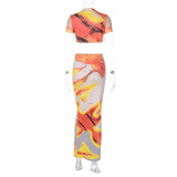 Women's Summer Fashion Print Crop Short Sleeve Top Slim Skirt Set
