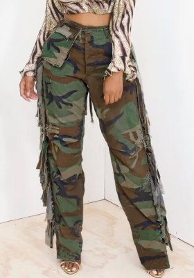 Trendy women's side camouflage fringe large pocket button cotton camouflage trousers