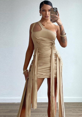 Women's Summer Fashion Slim Tie One Shoulder Solid Color Dress