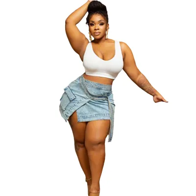 Sexy Tie Denim Apron Pocket Denim Skirt