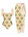 Printed One-Piece Swimsuit Sunscreen Cover Up Skirt Two Piece Set