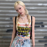Sweet Cool Letter Print Contrast Camisole Hip-Hop Trendy Holidays Casual Cropped Basics Top
