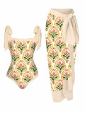 Printed One-Piece Swimsuit Sunscreen Cover Up Skirt Two Piece Set