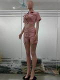 Women Solid Pocket Button Short Sleeve Shirt and Shorts Two-Piece Set