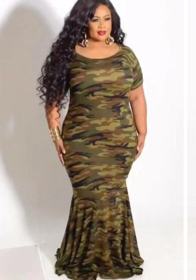 Plus Size Women Camouflage Print Short Sleeve Dress