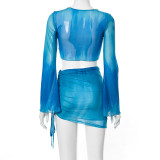 Ladies Spring Tie Dye Printed V-Neck Crop Pleated Mesh Skirt Suit Women