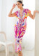 Printed women's v-neck Tight Fitting skirt dress ethnic style slit positioning pleated dress