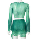 Ladies Spring Tie Dye Printed V-Neck Crop Pleated Mesh Skirt Suit Women